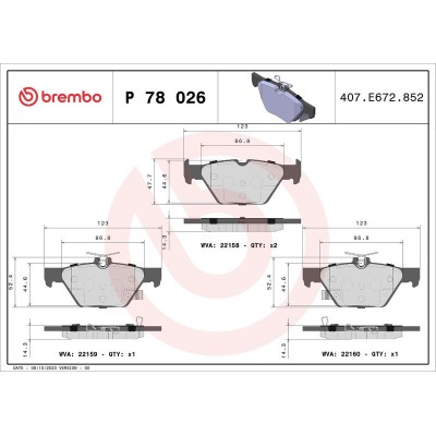 Bromsbelägg BREMBO P 78 026, Bakaxel (Sats)
