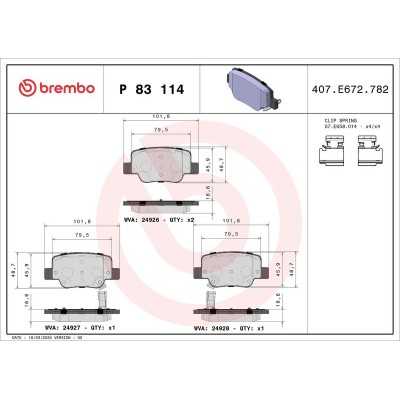 Bromsbelägg BREMBO P 83 114, Bakaxel (Sats)