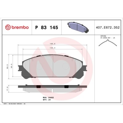 Bromsbelägg BREMBO P 83 145, Framaxel (Sats)