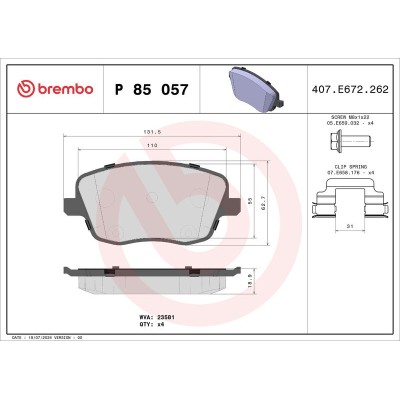 Bromsbelägg BREMBO P 85 057, Framaxel (Sats)