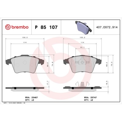 Bromsbelägg BREMBO P 85 107, Framaxel (Sats)