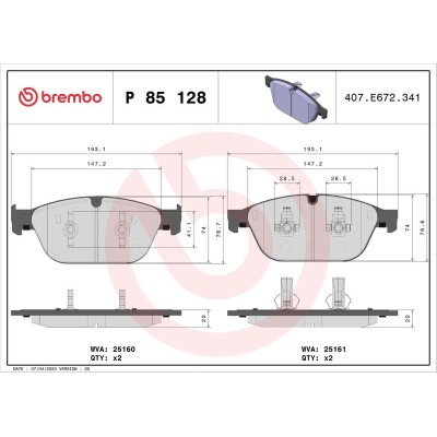 Bromsbelägg BREMBO P 85 128, Framaxel (Sats)