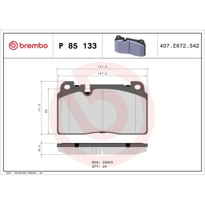 Bromsbelägg BREMBO P 85 133, Framaxel (Sats)