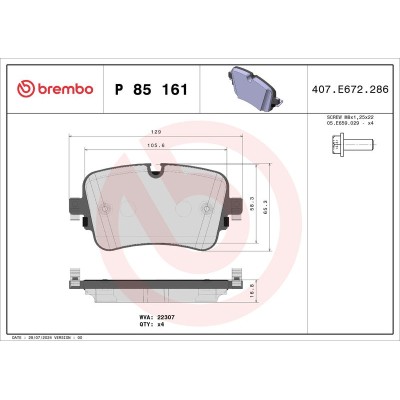 Bromsbelägg BREMBO P 85 161, Bakaxel (Sats)