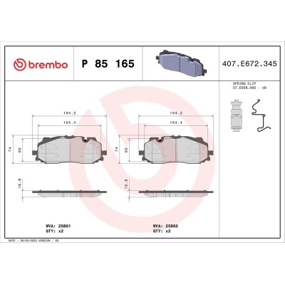 Bromsbelägg BREMBO P 85 165, Framaxel (Sats)
