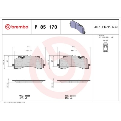 Bromsbelägg BREMBO P 85 170, Framaxel (Sats)