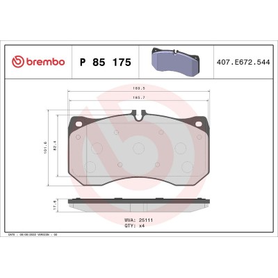 Bromsbelägg BREMBO P 85 175, Framaxel (Sats)